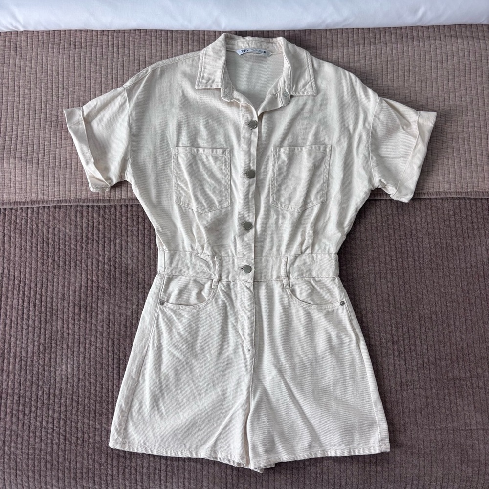 Zara Cream Denim Utility Romper – Size S